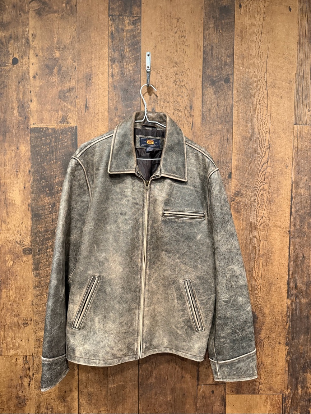 Vintage Route 66 Men's Distressed Leather Zip Jacket - Charcoal Brown large